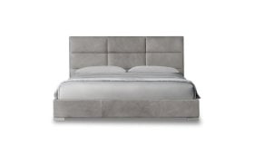 Κρεβάτι ντυμένο με γκρίζο τεχνόδερμα και καπιτονέ κεφαλάρι.